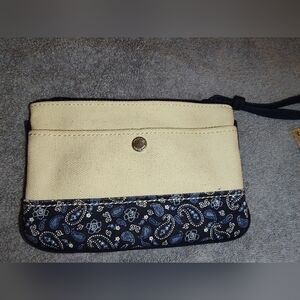 Lands' End Wristlet Clutch w Zipper In Navy, Paisley And Natural Canvas.